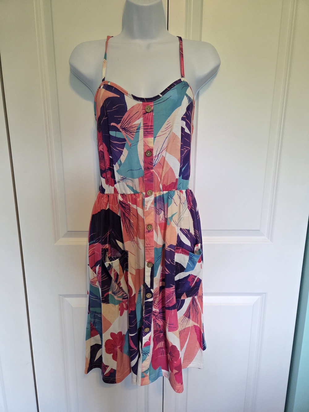 Tropical Floral Button-Front Sundress in Teal, Pink & Purple